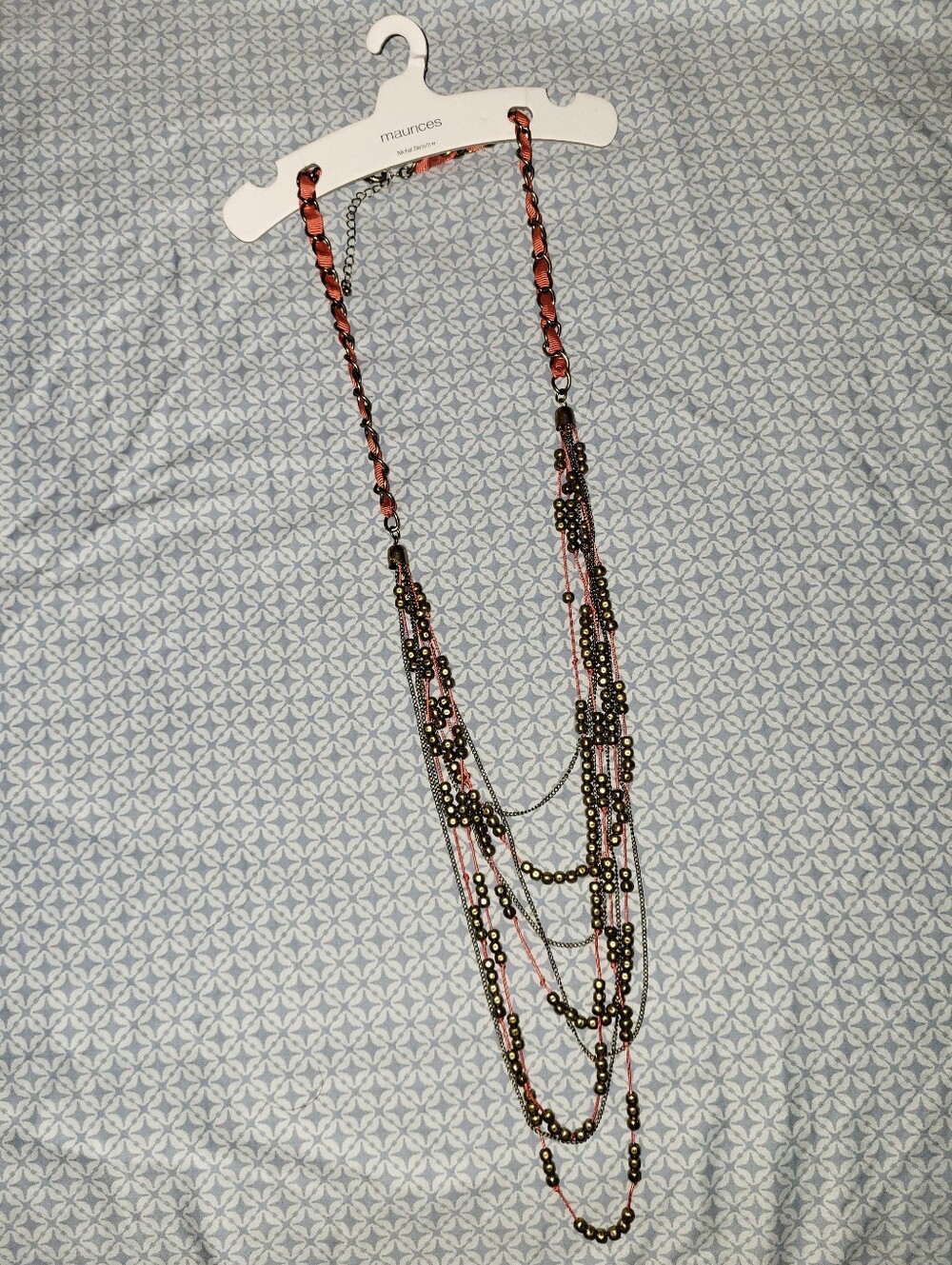 Maurices Layered Pink Ribbon and Brass Gold Bead Statement Necklace